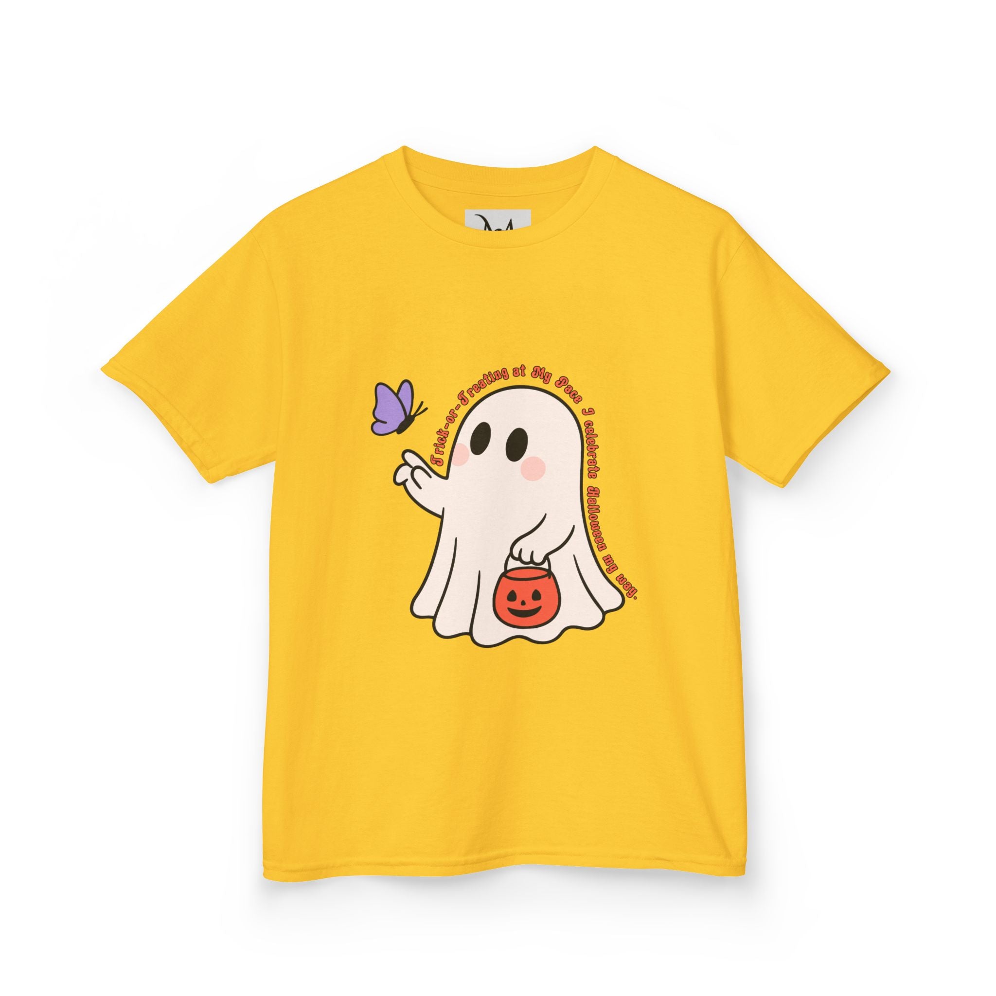 “Trick-or-Treating at My Pace” Kids Halloween T-Shirt – Inclusive Ghost & Pumpkin Design