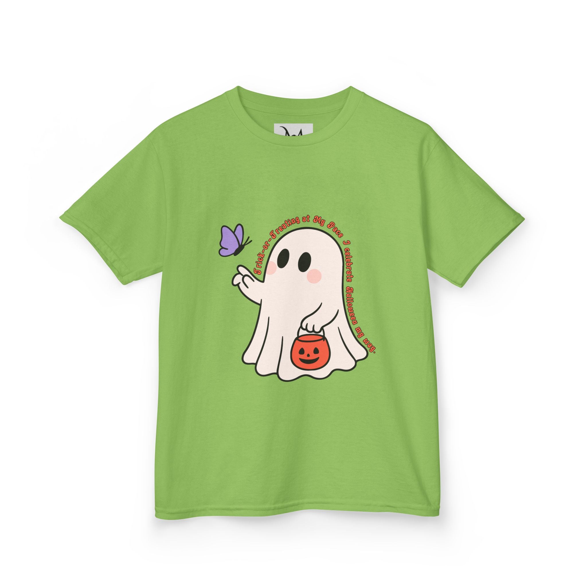“Trick-or-Treating at My Pace” Kids Halloween T-Shirt – Inclusive Ghost & Pumpkin Design
