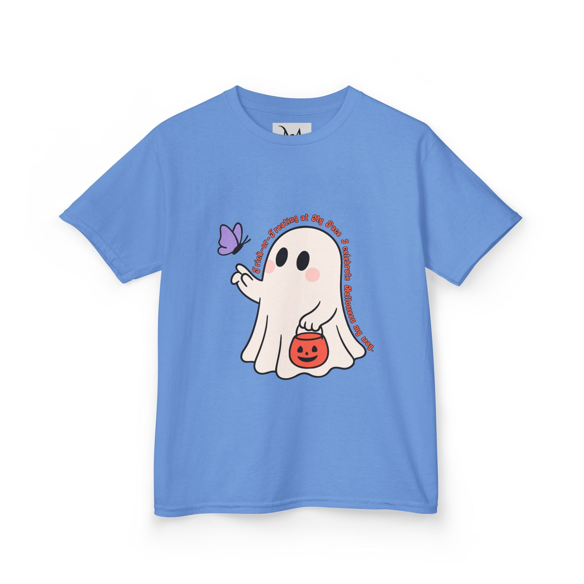 “Trick-or-Treating at My Pace” Kids Halloween T-Shirt – Inclusive Ghost & Pumpkin Design
