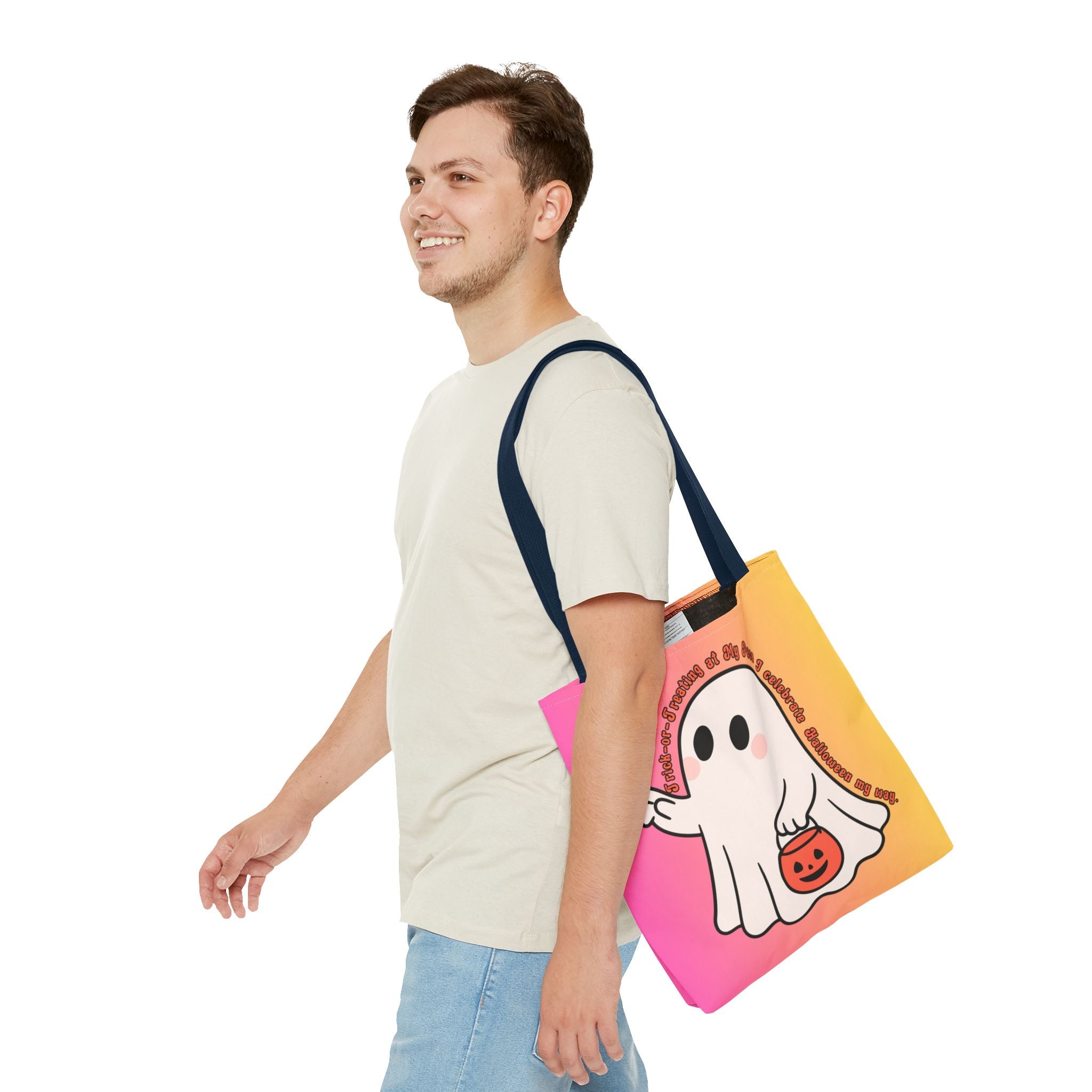 Kawaii Ghost Tote Bag, Pastel Halloween Trick or Treat Bag, Cute Spooky Aesthetic Tote, Pink Orange Ghost Shopper, Fun Halloween Gift