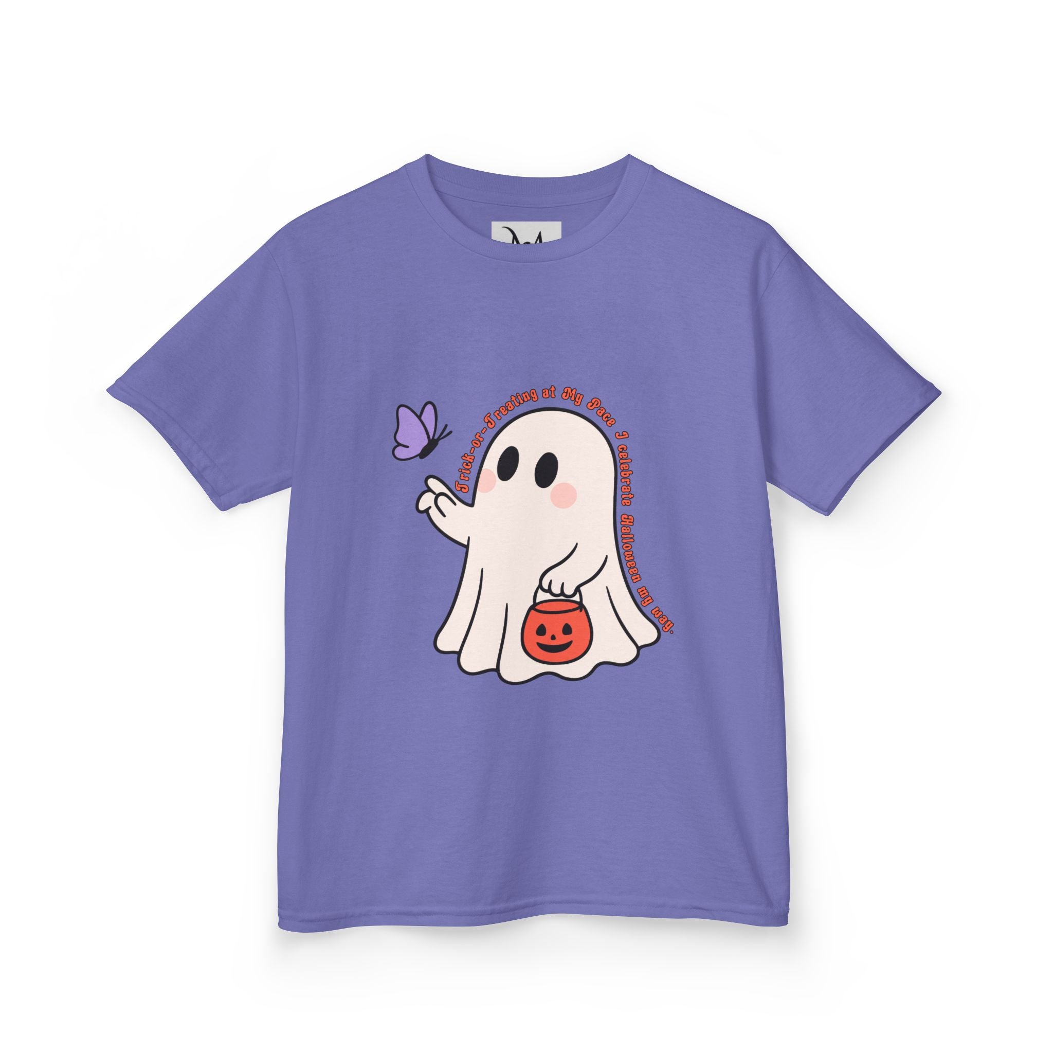 “Trick-or-Treating at My Pace” Kids Halloween T-Shirt – Inclusive Ghost & Pumpkin Design
