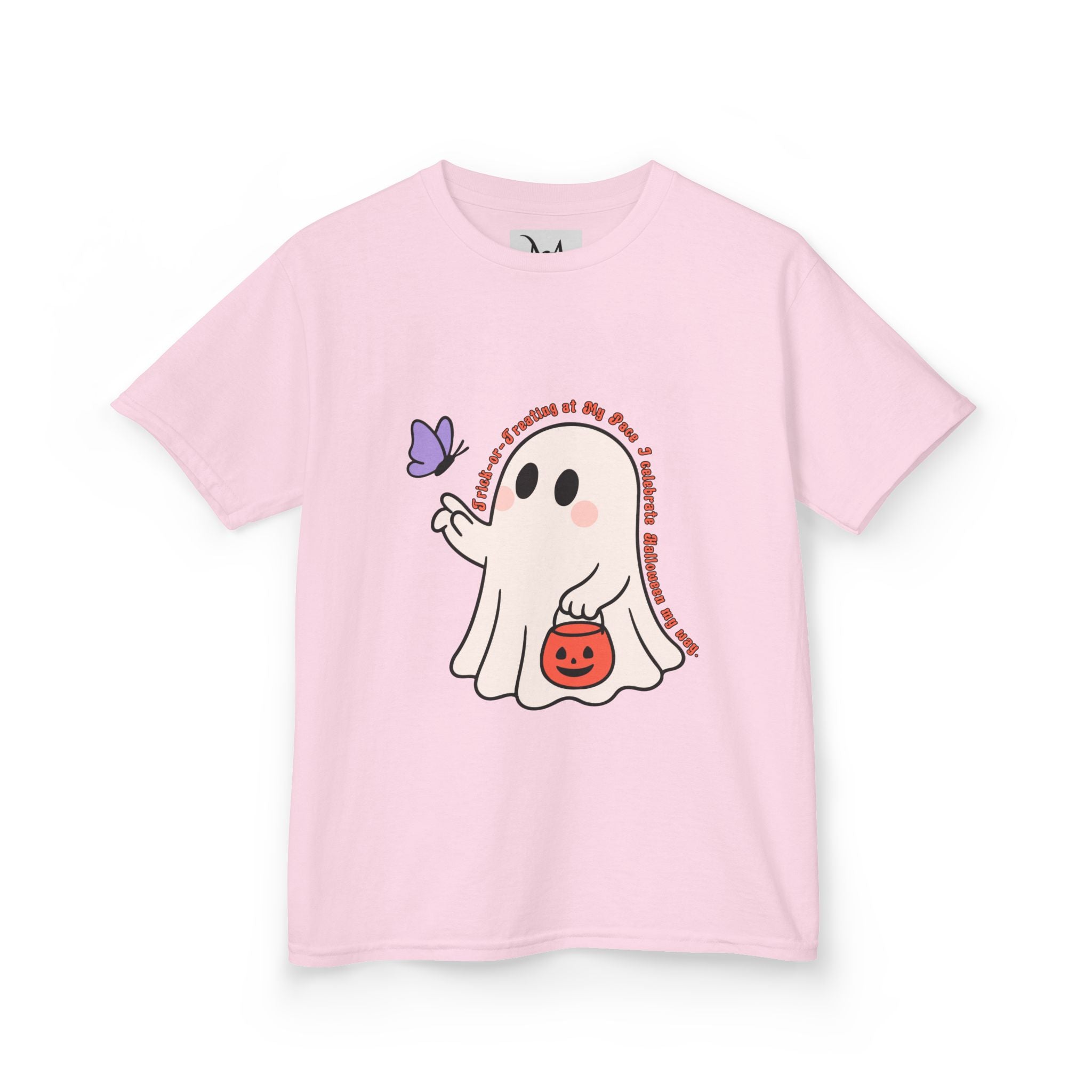 “Trick-or-Treating at My Pace” Kids Halloween T-Shirt – Inclusive Ghost & Pumpkin Design