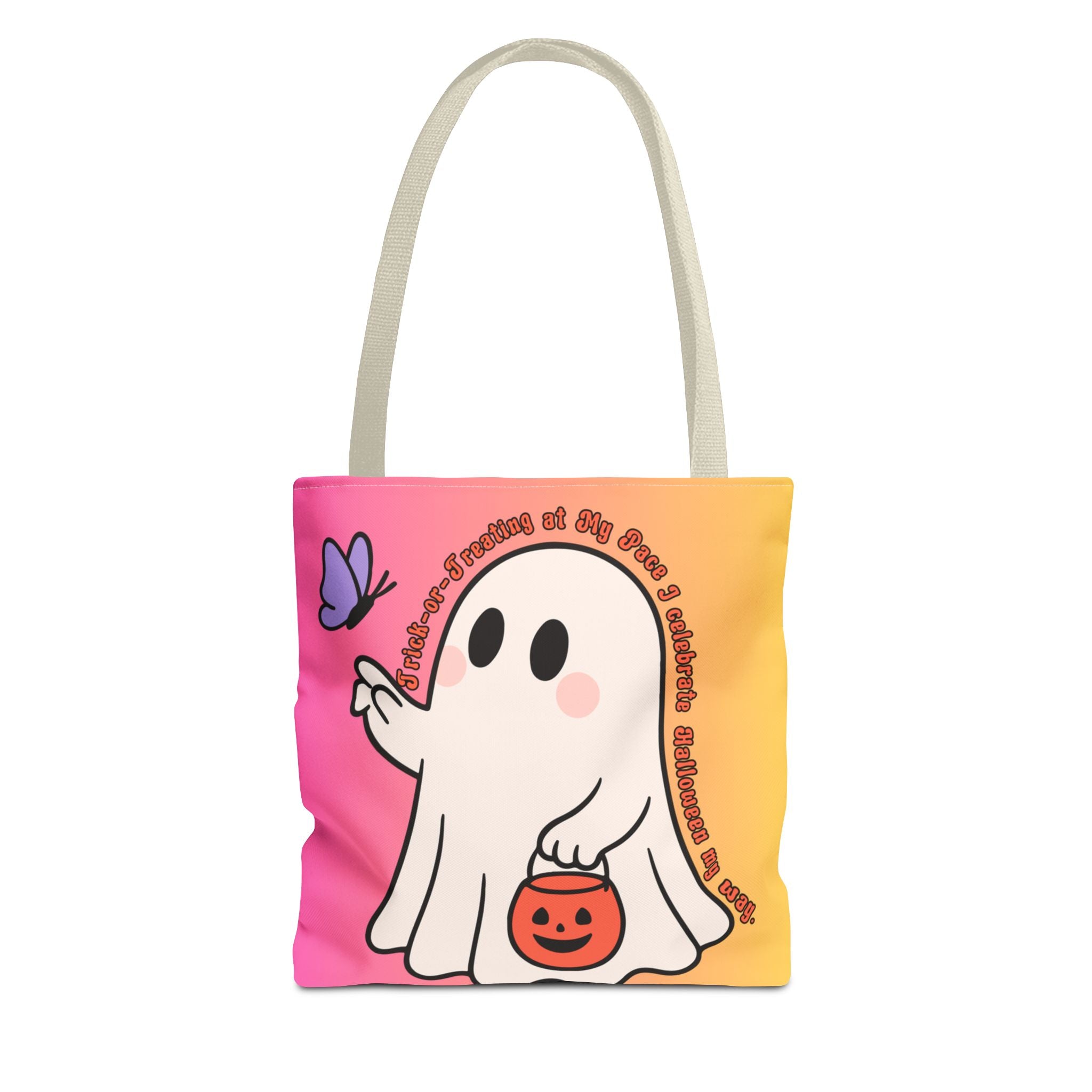 Kawaii Ghost Tote Bag, Pastel Halloween Trick or Treat Bag, Cute Spooky Aesthetic Tote, Pink Orange Ghost Shopper, Fun Halloween Gift