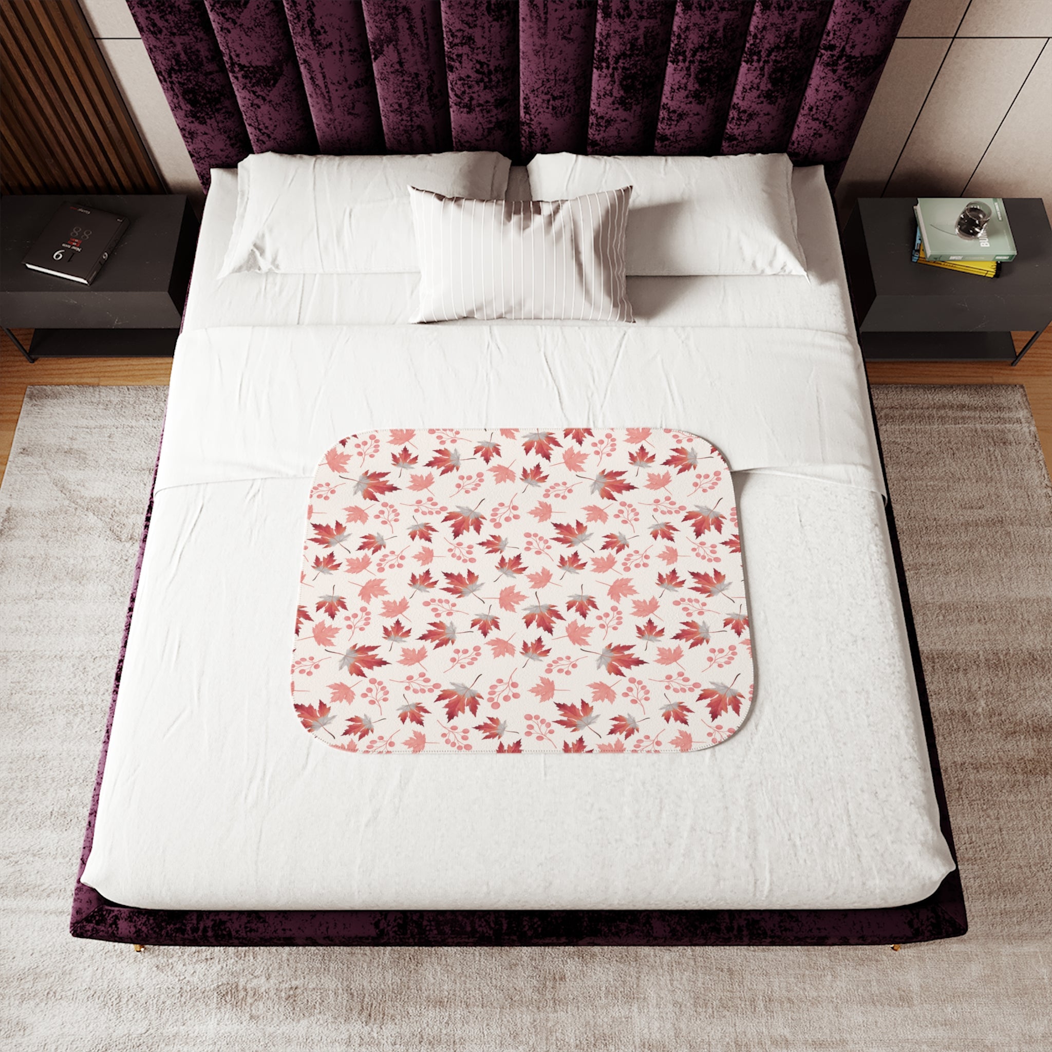 Cosy Autumn Sherpa Blanket – Maple Leaf & Berry Design in Seasonal Hues