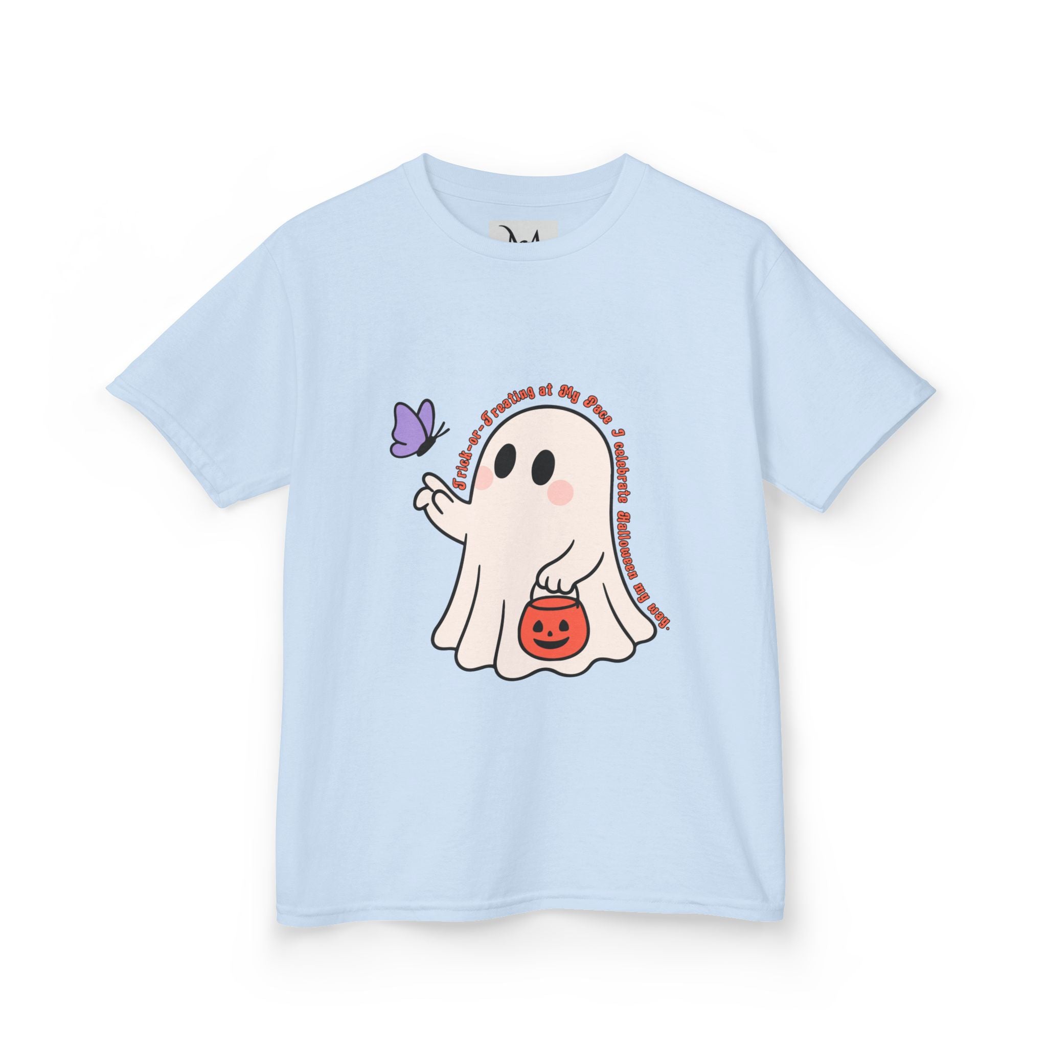 “Trick-or-Treating at My Pace” Kids Halloween T-Shirt – Inclusive Ghost & Pumpkin Design