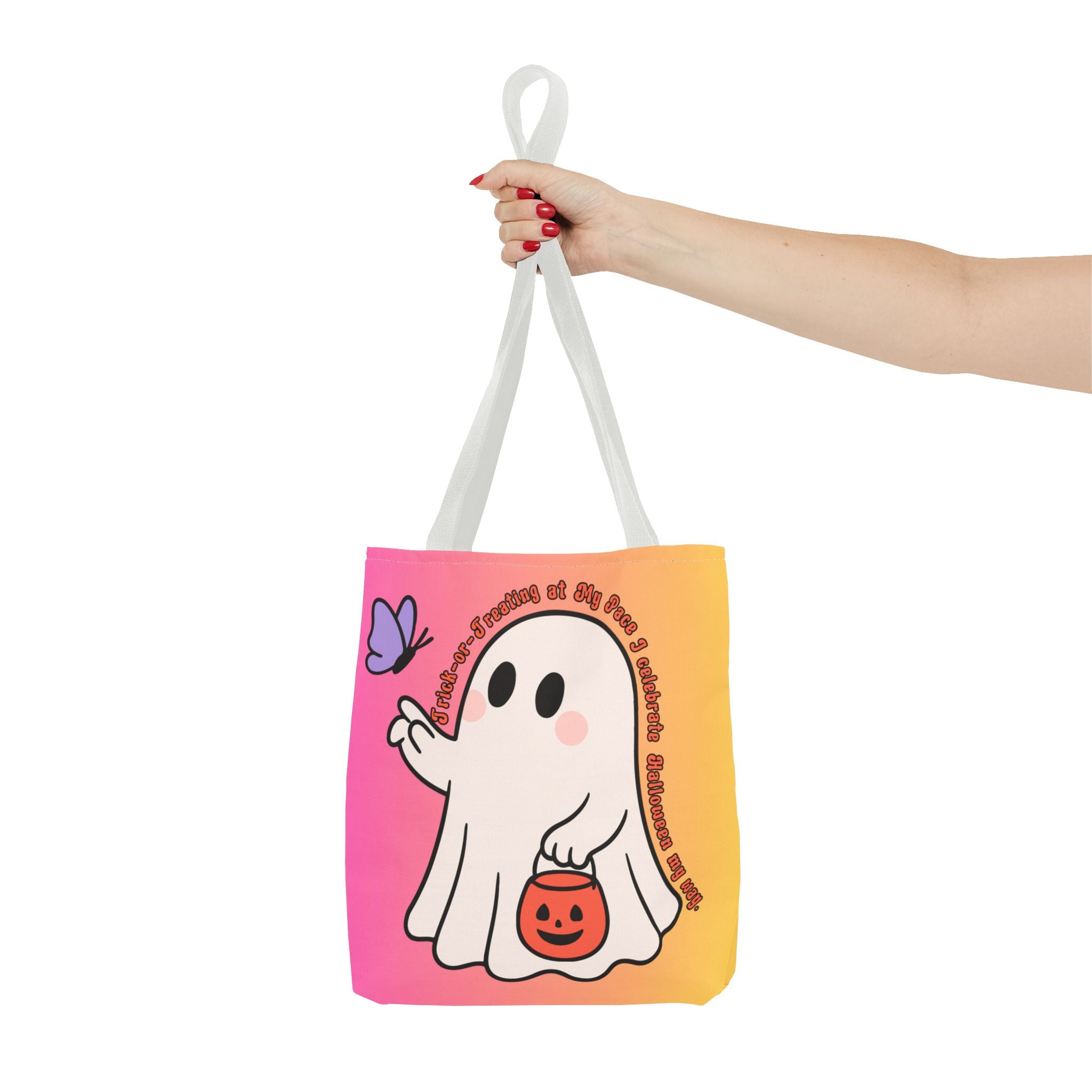 Kawaii Ghost Tote Bag, Pastel Halloween Trick or Treat Bag, Cute Spooky Aesthetic Tote, Pink Orange Ghost Shopper, Fun Halloween Gift