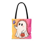 Kawaii Ghost Tote Bag, Pastel Halloween Trick or Treat Bag, Cute Spooky Aesthetic Tote, Pink Orange Ghost Shopper, Fun Halloween Gift