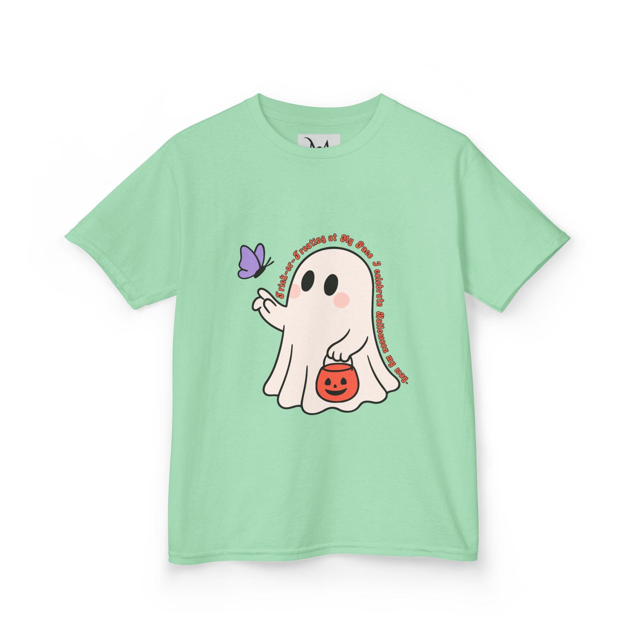 “Trick-or-Treating at My Pace” Kids Halloween T-Shirt – Inclusive Ghost & Pumpkin Design
