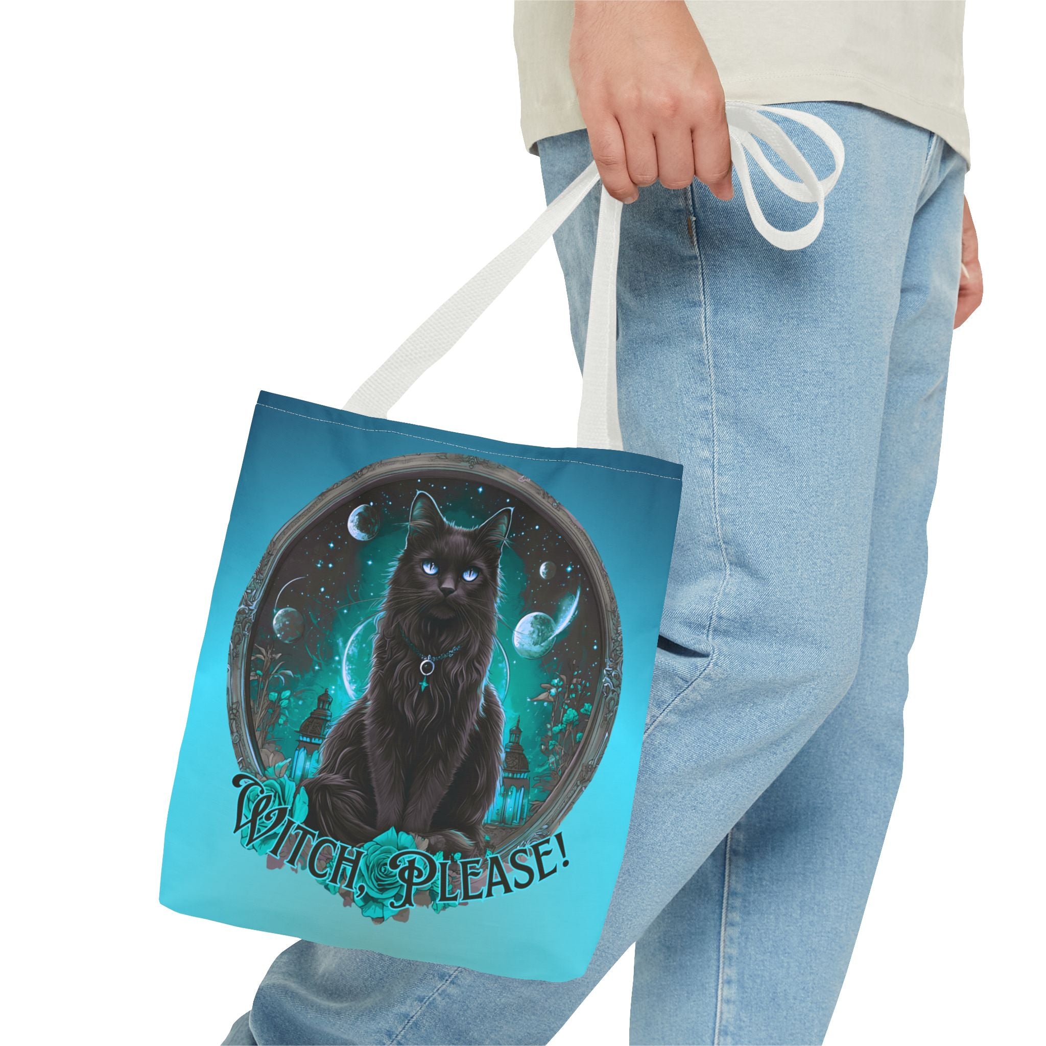 Witch Please Tote Bag – Gothic Black Cat, Spooky Moon Phases, Witchy Aesthetic Shopper