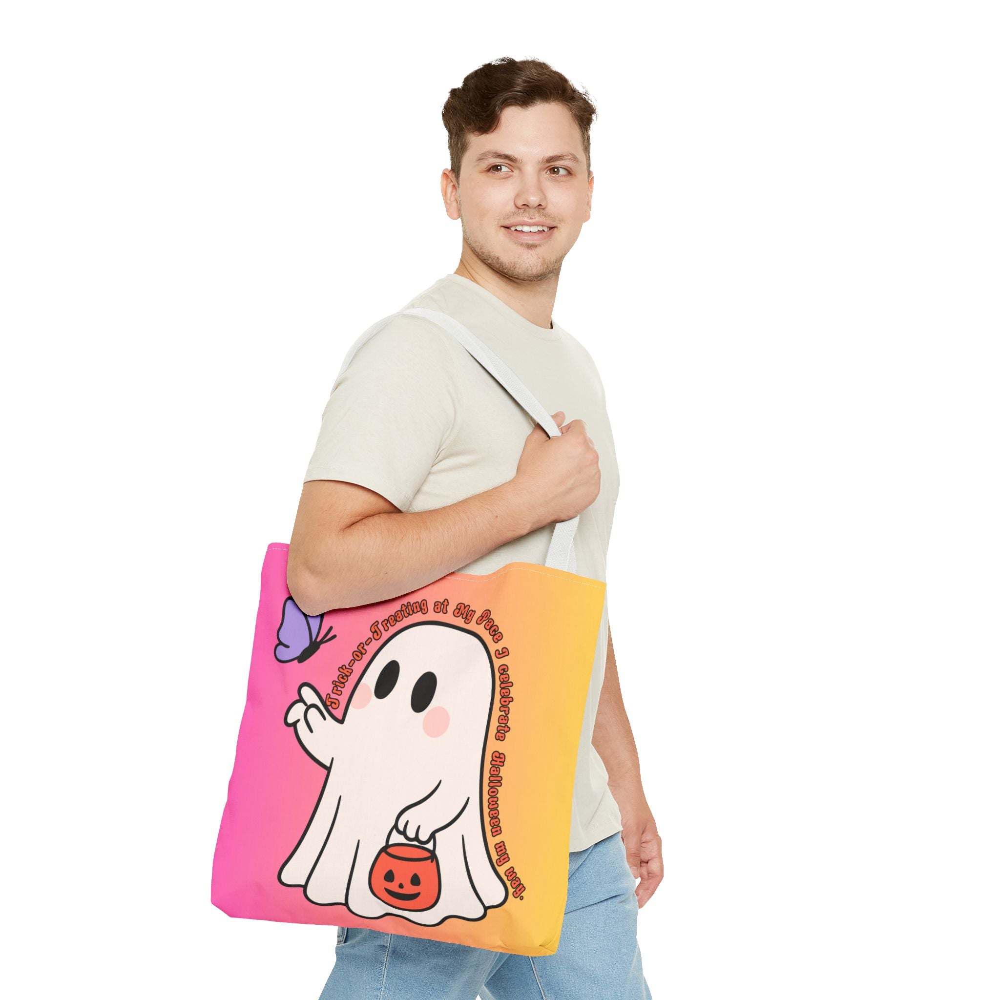 Kawaii Ghost Tote Bag, Pastel Halloween Trick or Treat Bag, Cute Spooky Aesthetic Tote, Pink Orange Ghost Shopper, Fun Halloween Gift