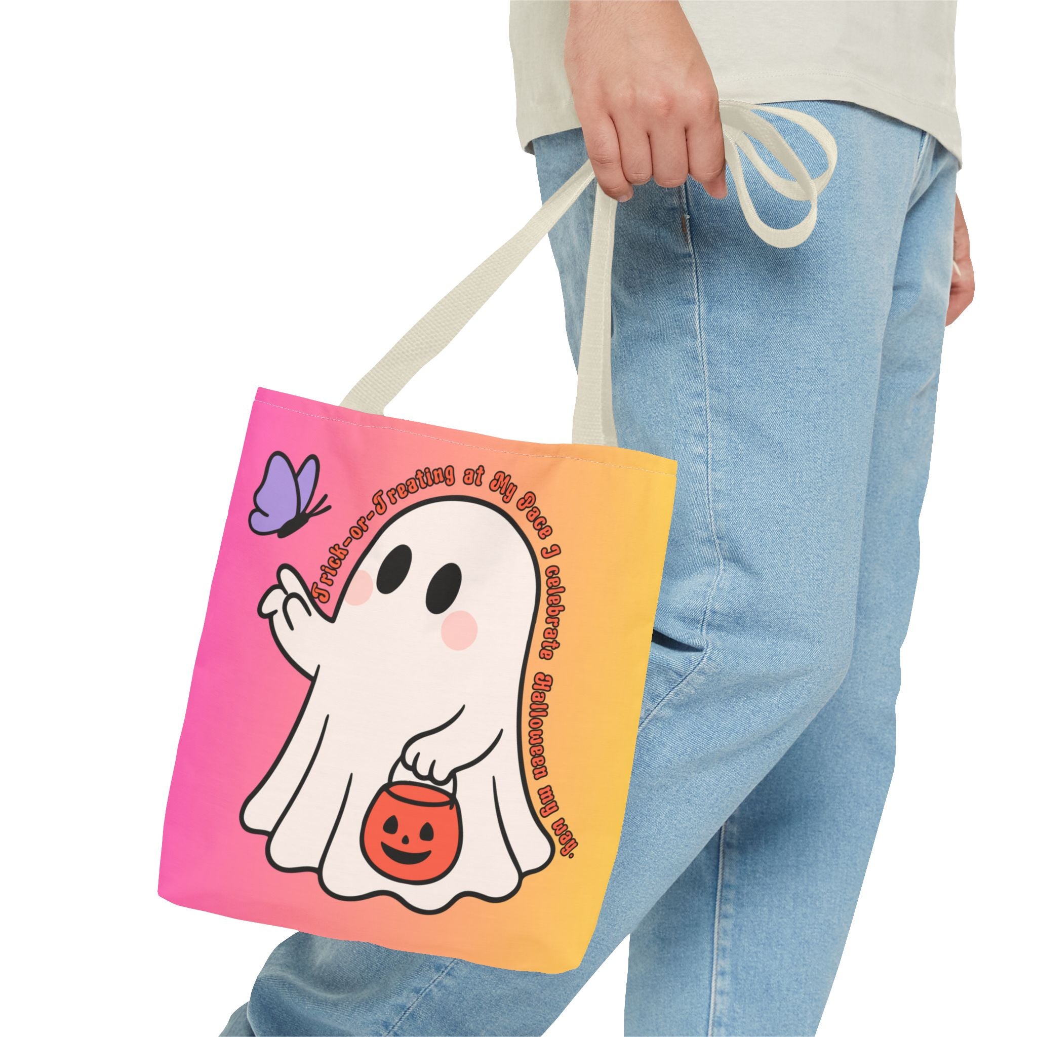 Kawaii Ghost Tote Bag, Pastel Halloween Trick or Treat Bag, Cute Spooky Aesthetic Tote, Pink Orange Ghost Shopper, Fun Halloween Gift