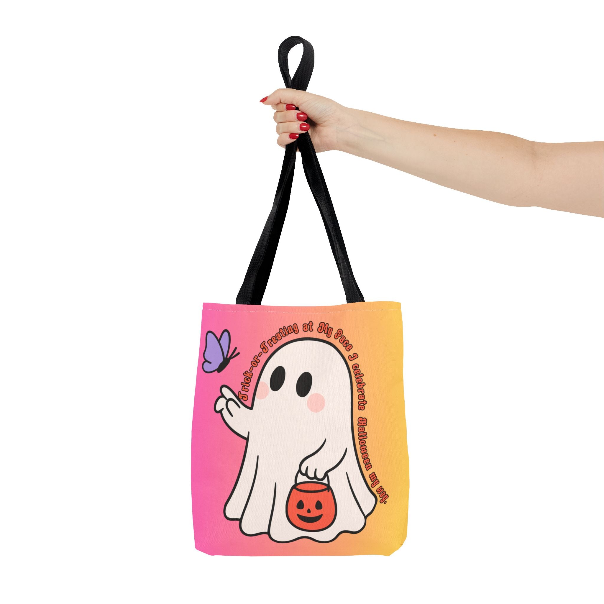 Kawaii Ghost Tote Bag, Pastel Halloween Trick or Treat Bag, Cute Spooky Aesthetic Tote, Pink Orange Ghost Shopper, Fun Halloween Gift