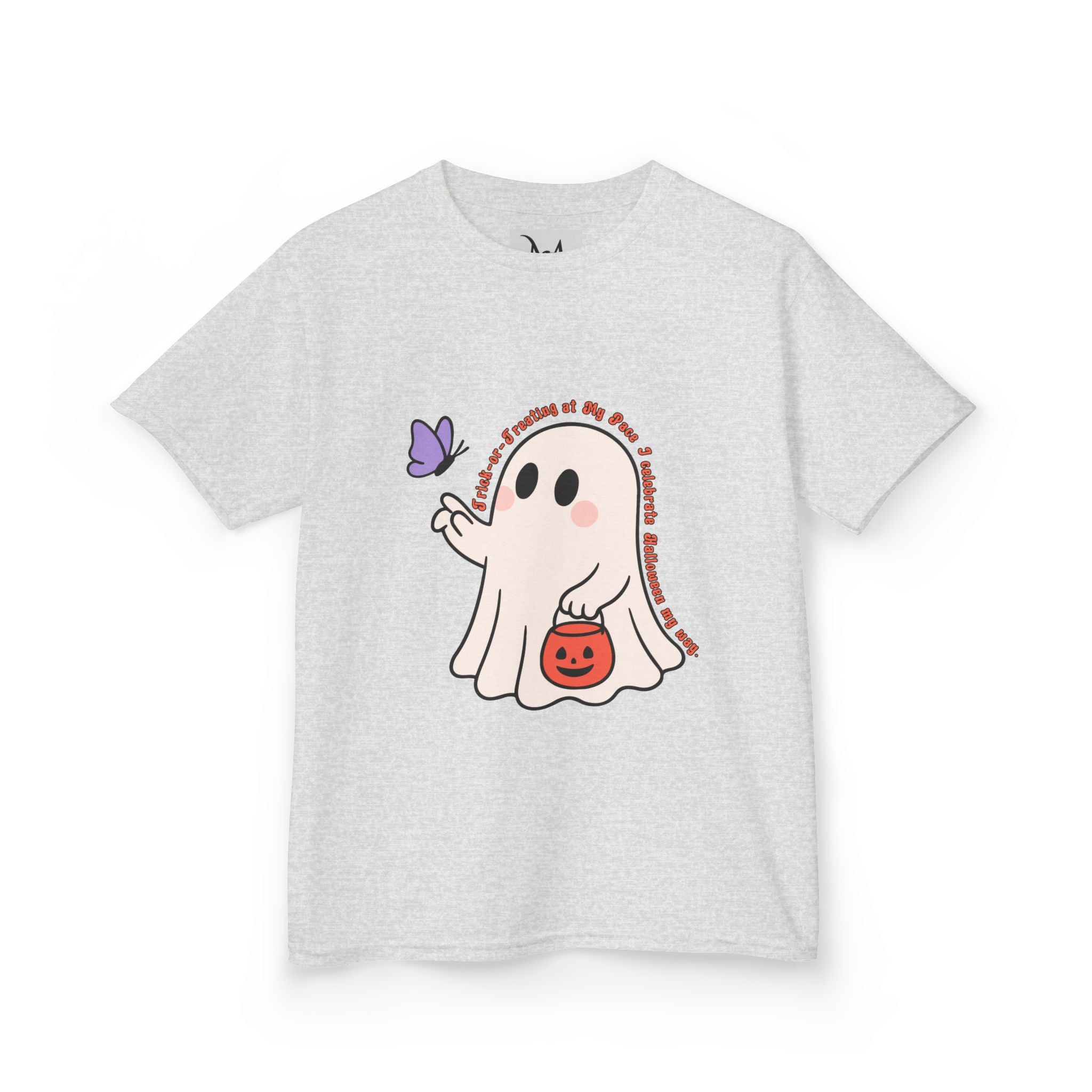 “Trick-or-Treating at My Pace” Kids Halloween T-Shirt – Inclusive Ghost & Pumpkin Design