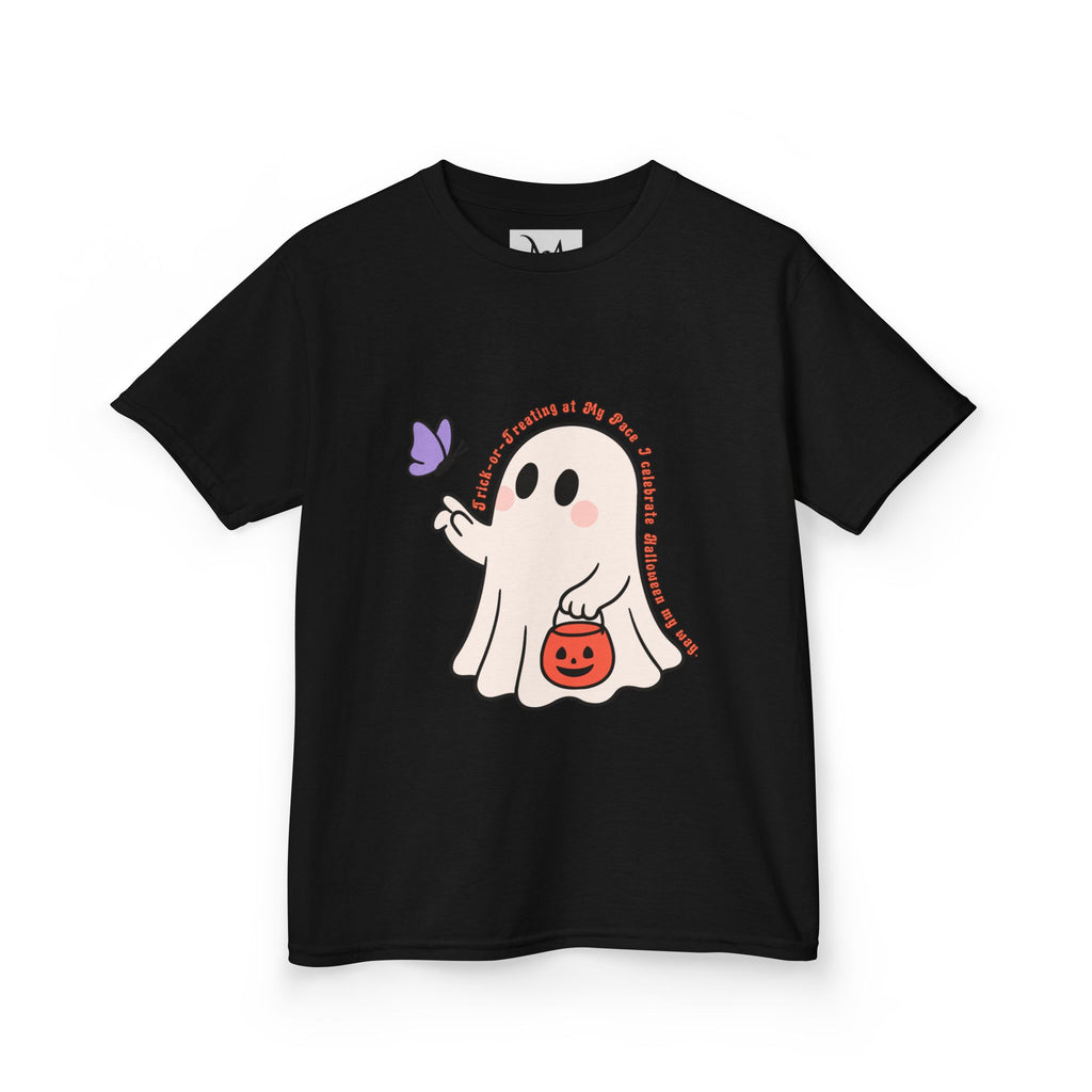 “Trick-or-Treating at My Pace” Kids Halloween T-Shirt – Inclusive Ghost & Pumpkin Design