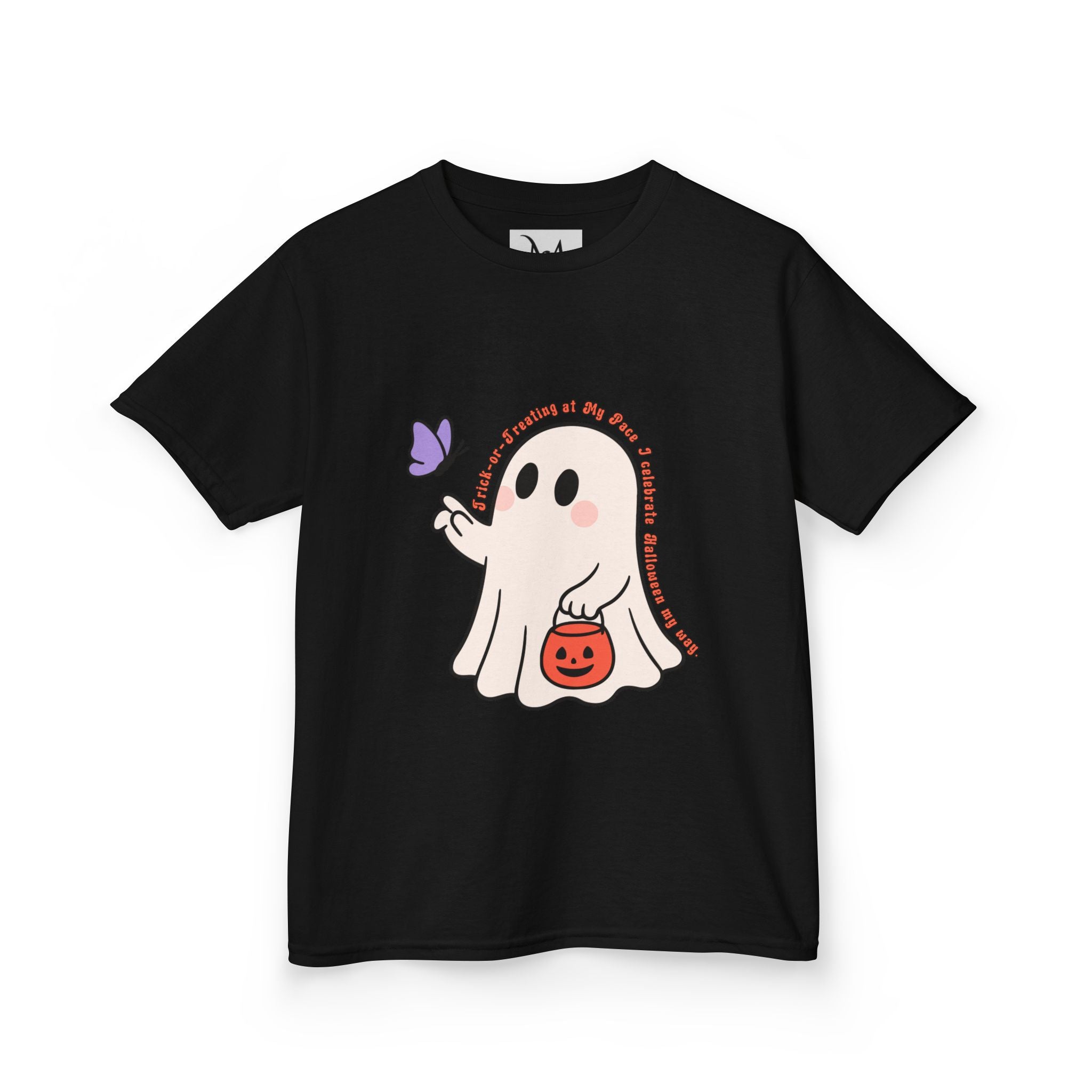 “Trick-or-Treating at My Pace” Kids Halloween T-Shirt – Inclusive Ghost & Pumpkin Design