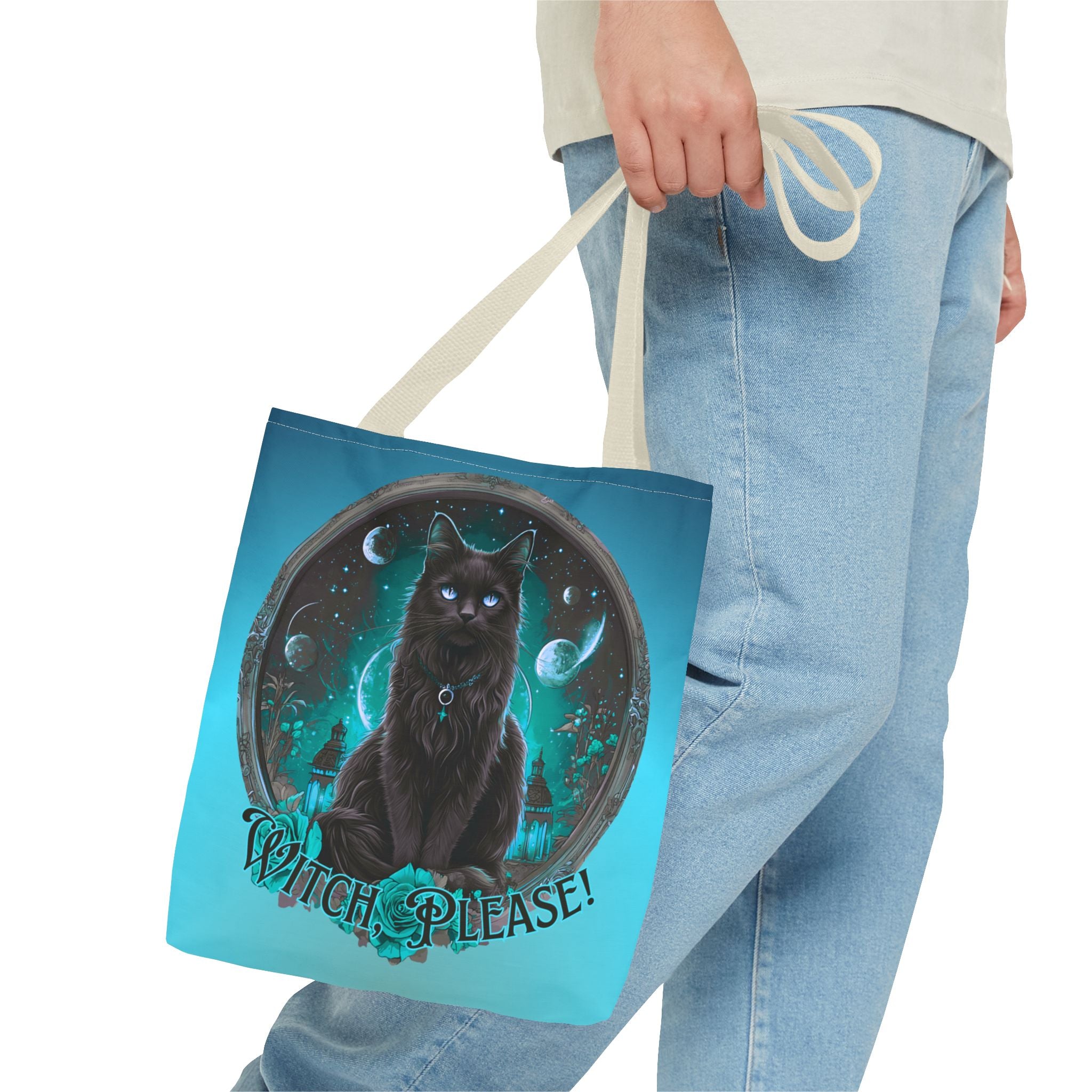 Witch Please Tote Bag – Gothic Black Cat, Spooky Moon Phases, Witchy Aesthetic Shopper