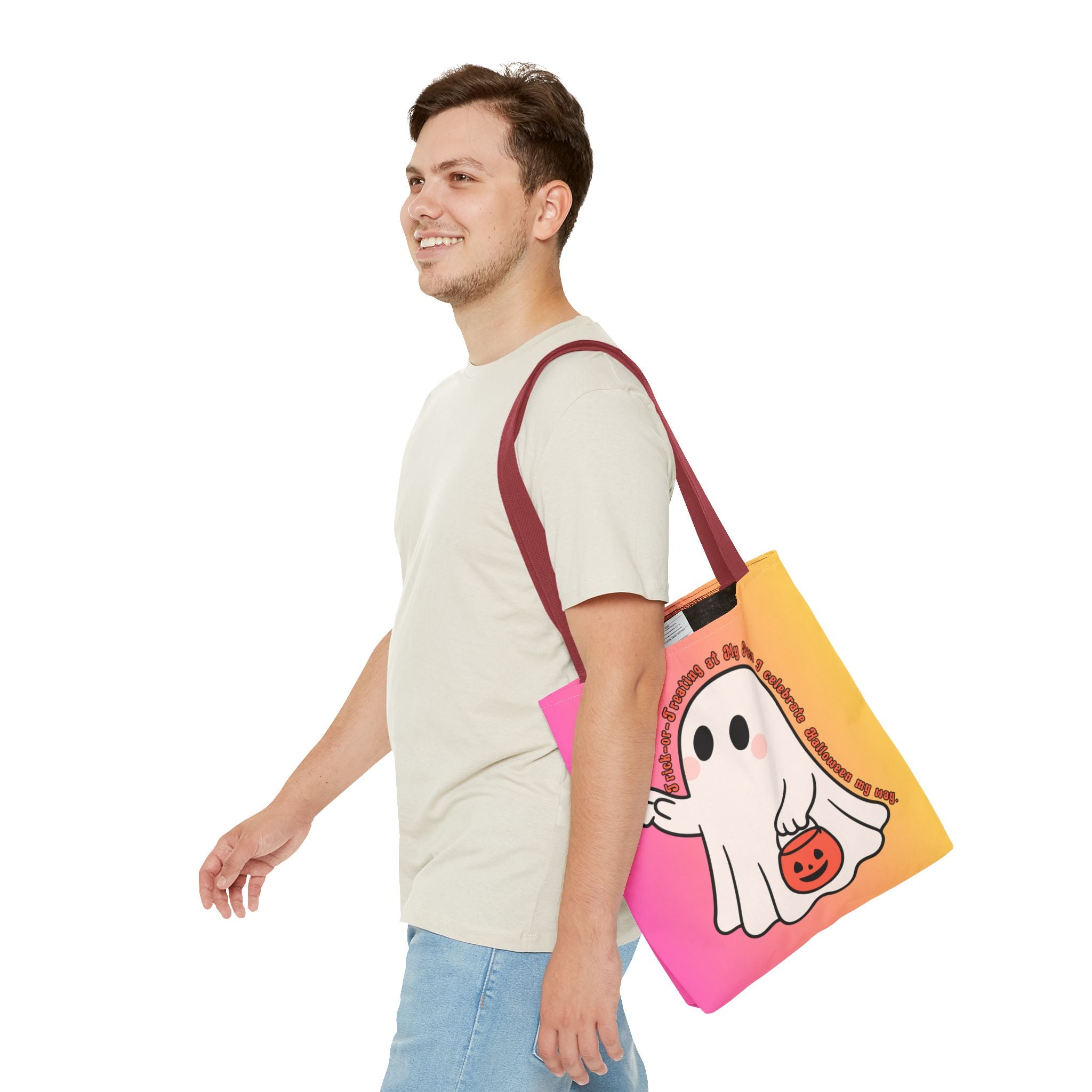Kawaii Ghost Tote Bag, Pastel Halloween Trick or Treat Bag, Cute Spooky Aesthetic Tote, Pink Orange Ghost Shopper, Fun Halloween Gift