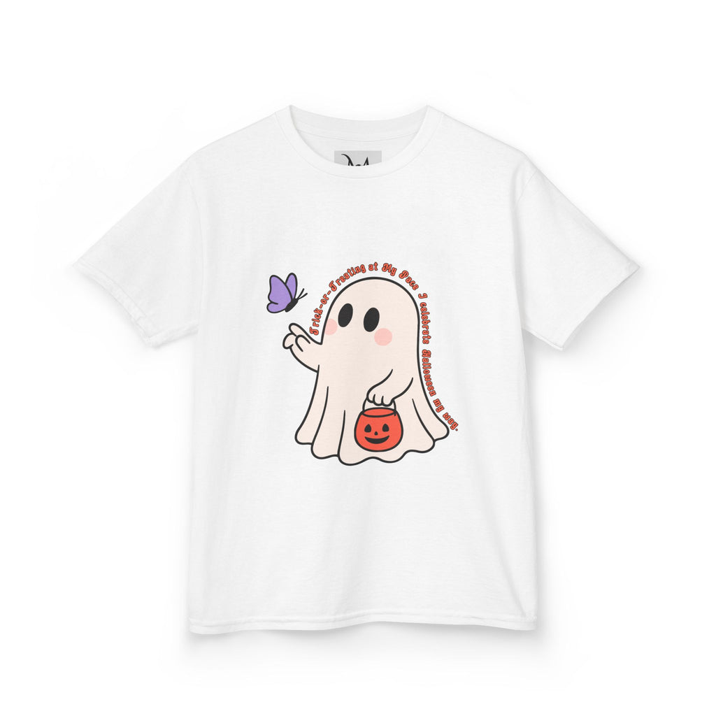 “Trick-or-Treating at My Pace” Kids Halloween T-Shirt – Inclusive Ghost & Pumpkin Design