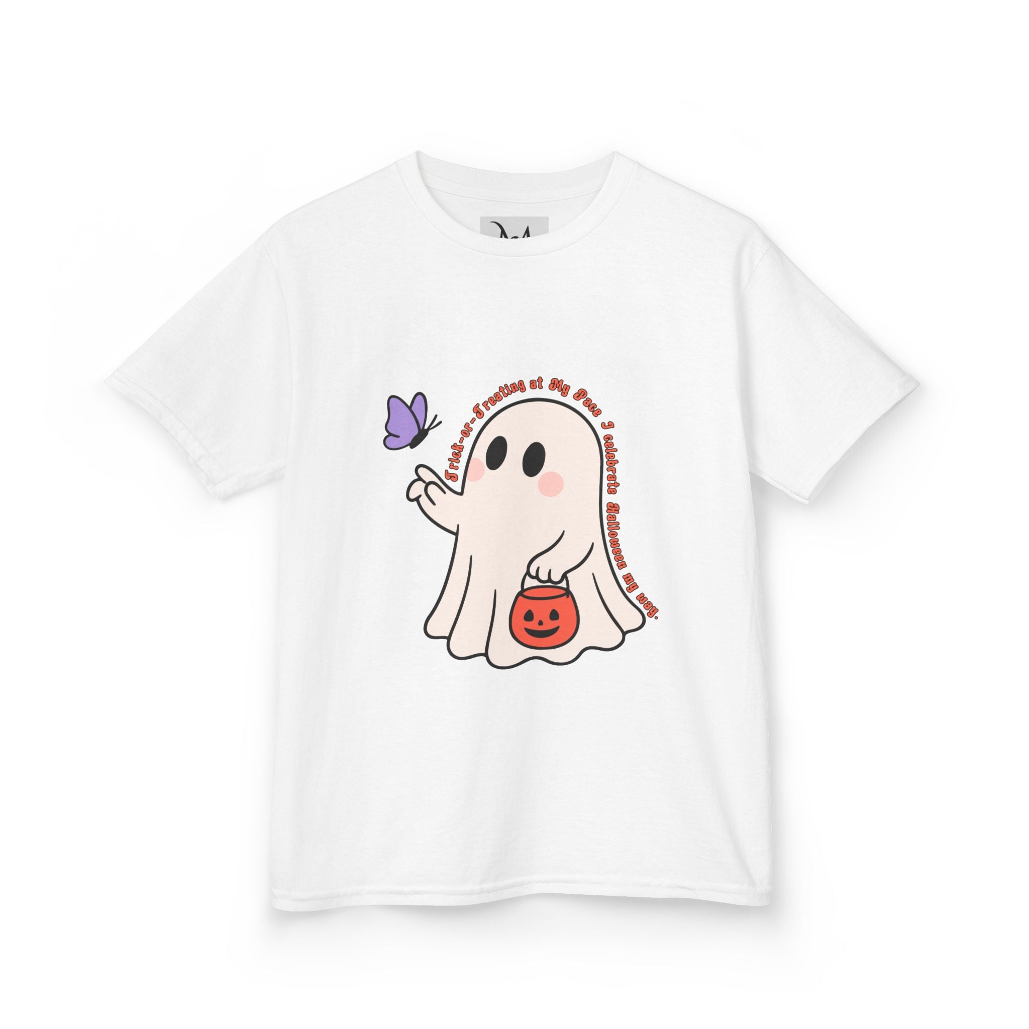 “Trick-or-Treating at My Pace” Kids Halloween T-Shirt – Inclusive Ghost & Pumpkin Design