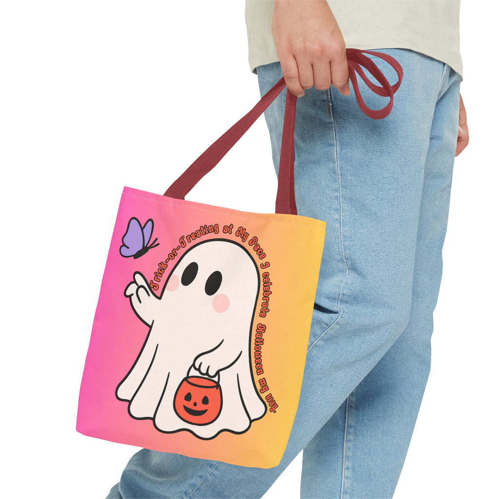 Kawaii Ghost Tote Bag, Pastel Halloween Trick or Treat Bag, Cute Spooky Aesthetic Tote, Pink Orange Ghost Shopper, Fun Halloween Gift