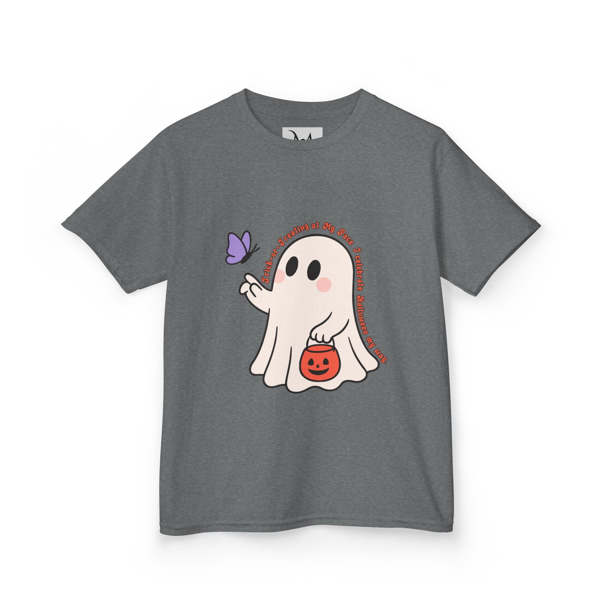 “Trick-or-Treating at My Pace” Kids Halloween T-Shirt – Inclusive Ghost & Pumpkin Design