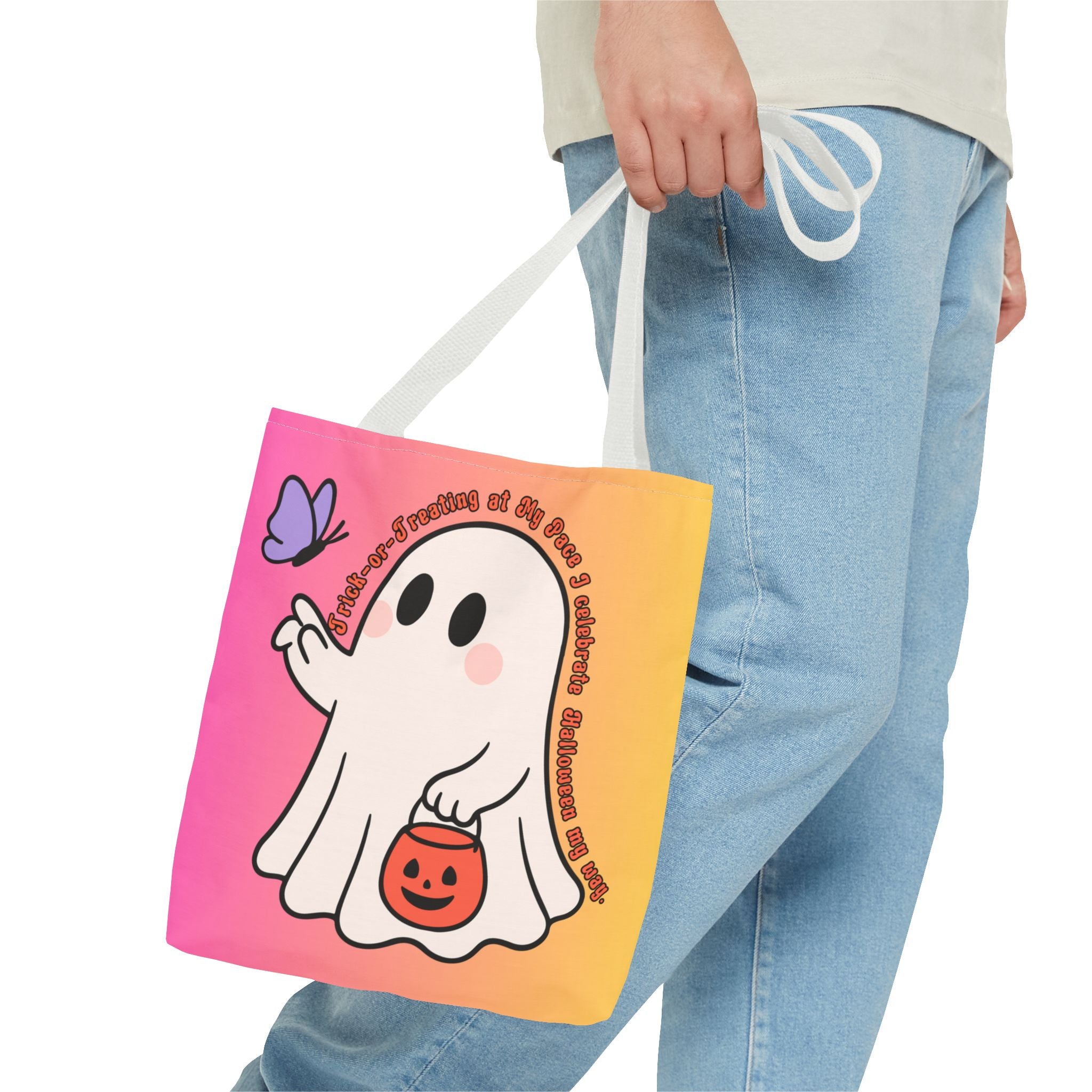 Kawaii Ghost Tote Bag, Pastel Halloween Trick or Treat Bag, Cute Spooky Aesthetic Tote, Pink Orange Ghost Shopper, Fun Halloween Gift