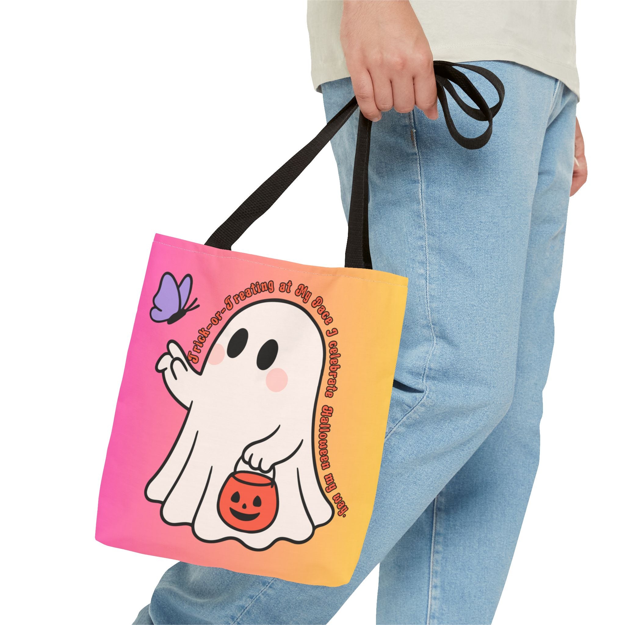 Kawaii Ghost Tote Bag, Pastel Halloween Trick or Treat Bag, Cute Spooky Aesthetic Tote, Pink Orange Ghost Shopper, Fun Halloween Gift