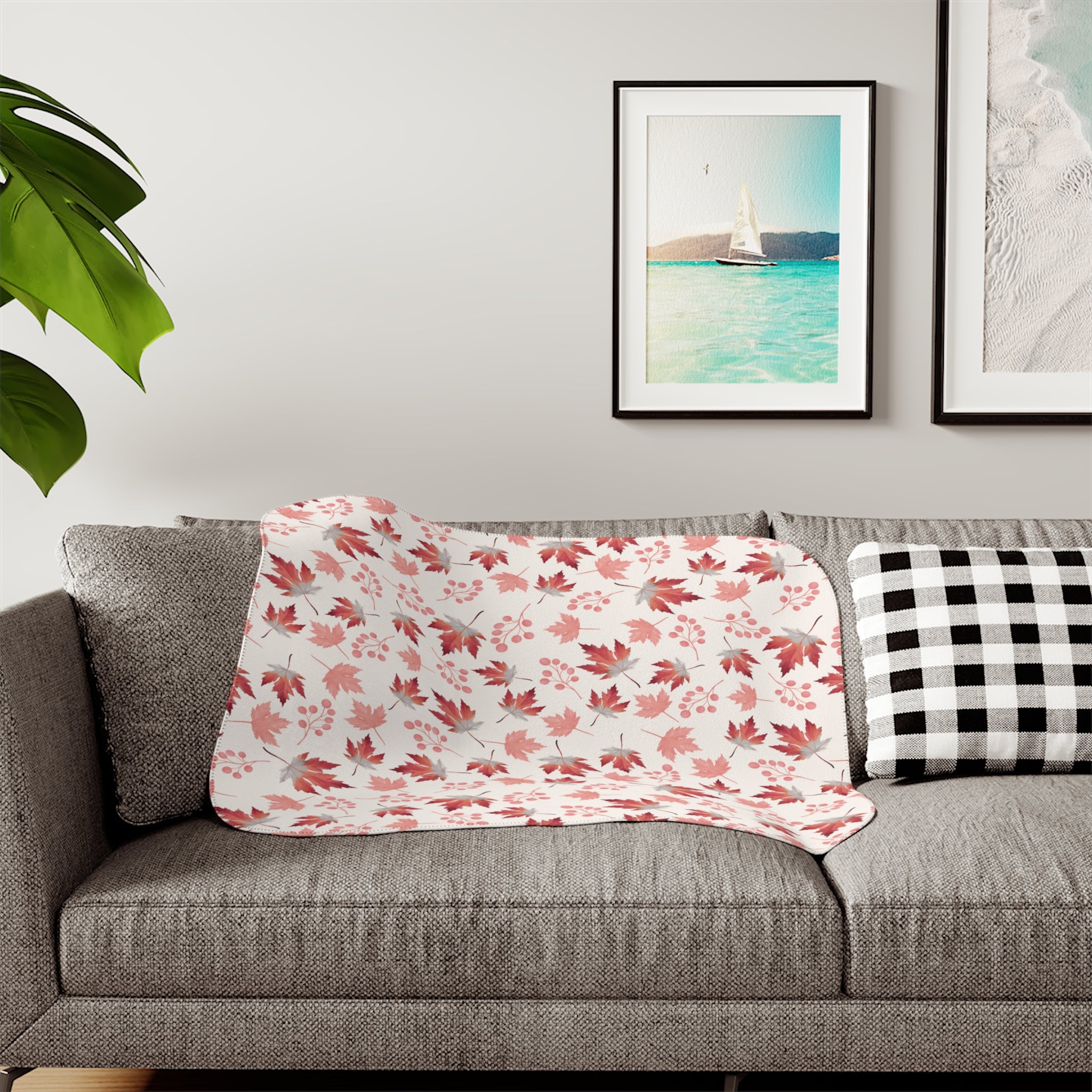 Cosy Autumn Sherpa Blanket – Maple Leaf & Berry Design in Seasonal Hues
